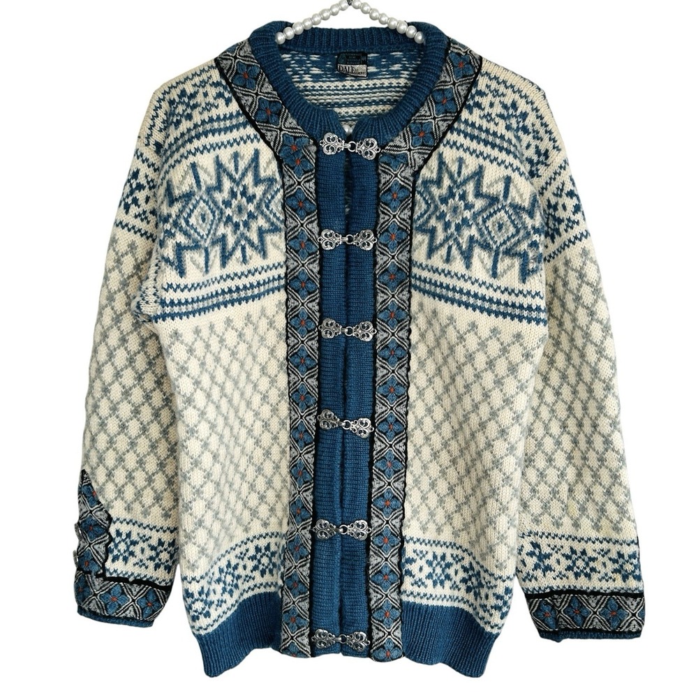 VTG Dale Of Norway Nordic Fair Isle Cardigan 44 Med Fisherman Wool Hook Clasp